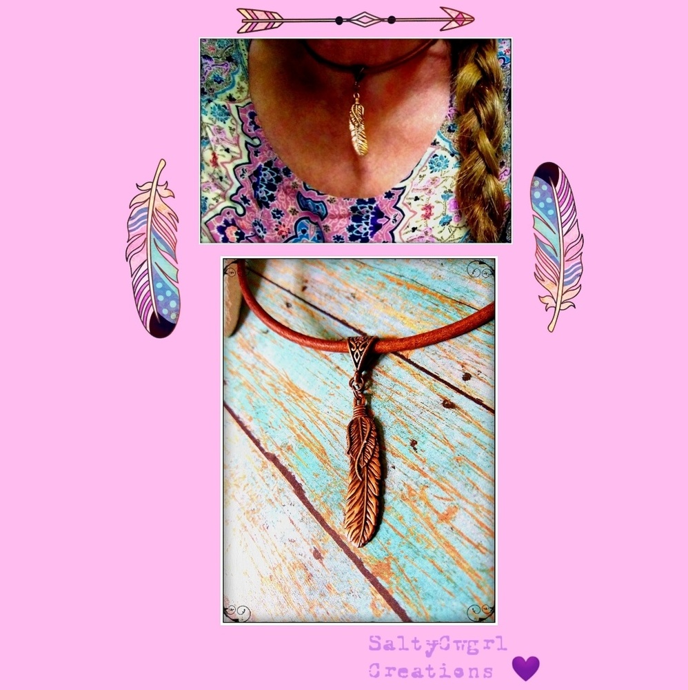 Boho Hippy Chic Copper Feather & Leather Choker Necklace